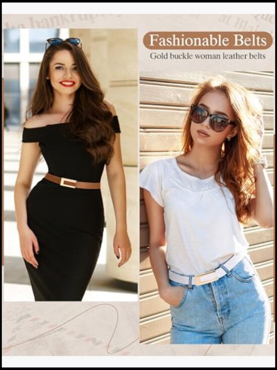 5 Pcs Faux Leather Skinny Belt Set with Gold Buckle for Dresses Jeans Pants